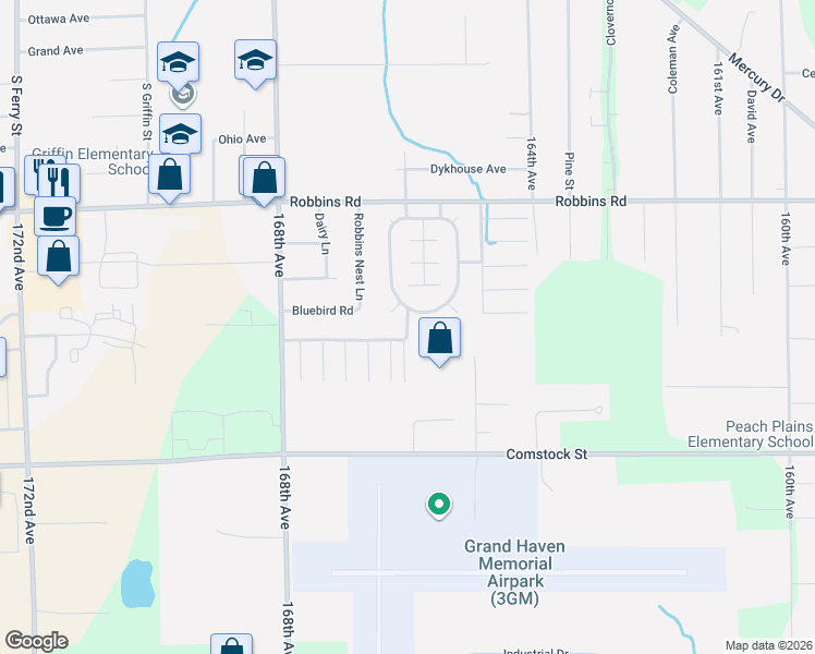 map of restaurants, bars, coffee shops, grocery stores, and more near 1-80 Villa Court in Grand Haven