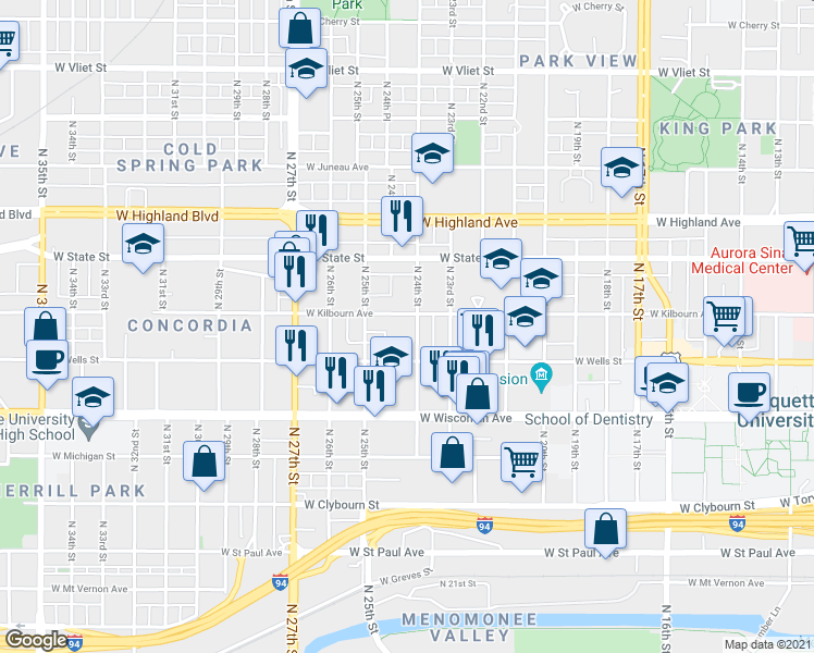map of restaurants, bars, coffee shops, grocery stores, and more near 843 North 24th Street in Milwaukee