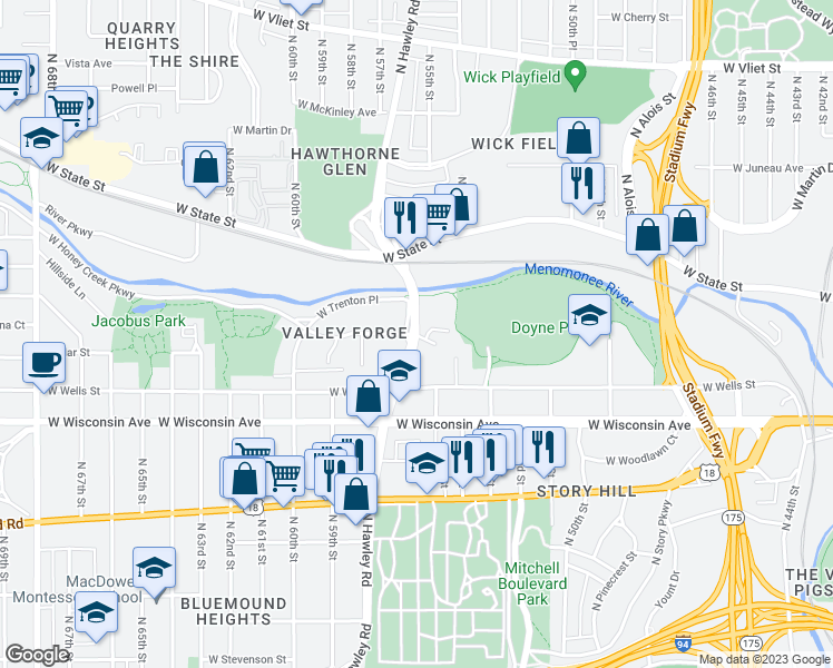 map of restaurants, bars, coffee shops, grocery stores, and more near N Hawley Rd & W Valley Forge Dr in Milwaukee