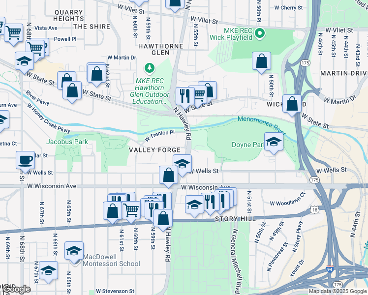 map of restaurants, bars, coffee shops, grocery stores, and more near 5629 West Valley Forge Drive in Milwaukee