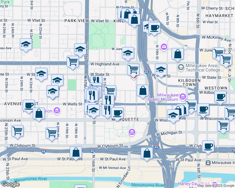 map of restaurants, bars, coffee shops, grocery stores, and more near 840 North 14th Street in Milwaukee