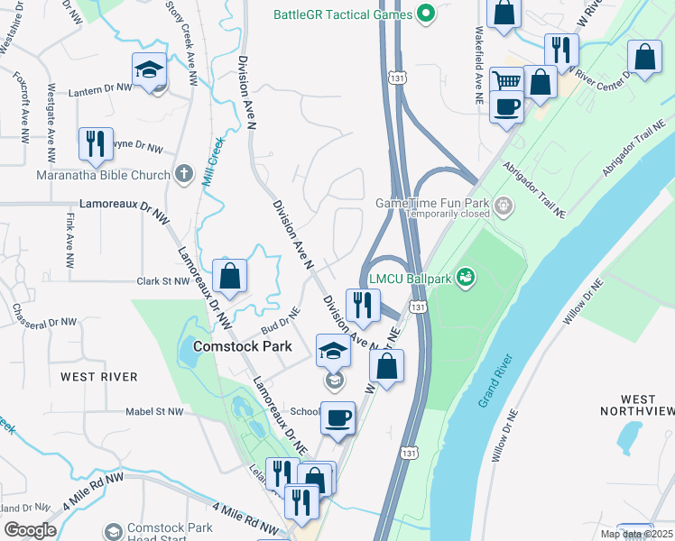 map of restaurants, bars, coffee shops, grocery stores, and more near 4306 Royal Glen Drive Northeast in Comstock Park