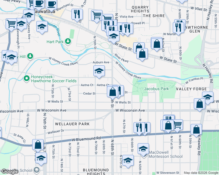 map of restaurants, bars, coffee shops, grocery stores, and more near 905 North 68th Street in Wauwatosa