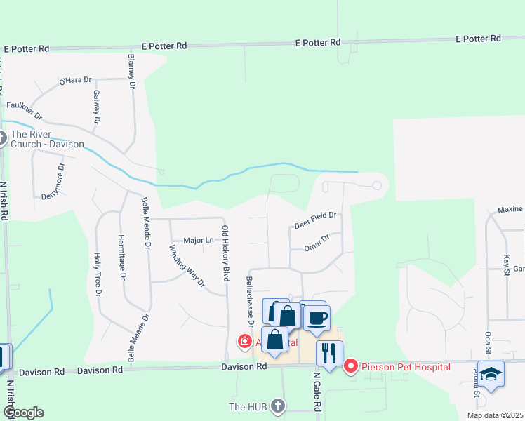 map of restaurants, bars, coffee shops, grocery stores, and more near 8411 Oak Shade Court in Davison