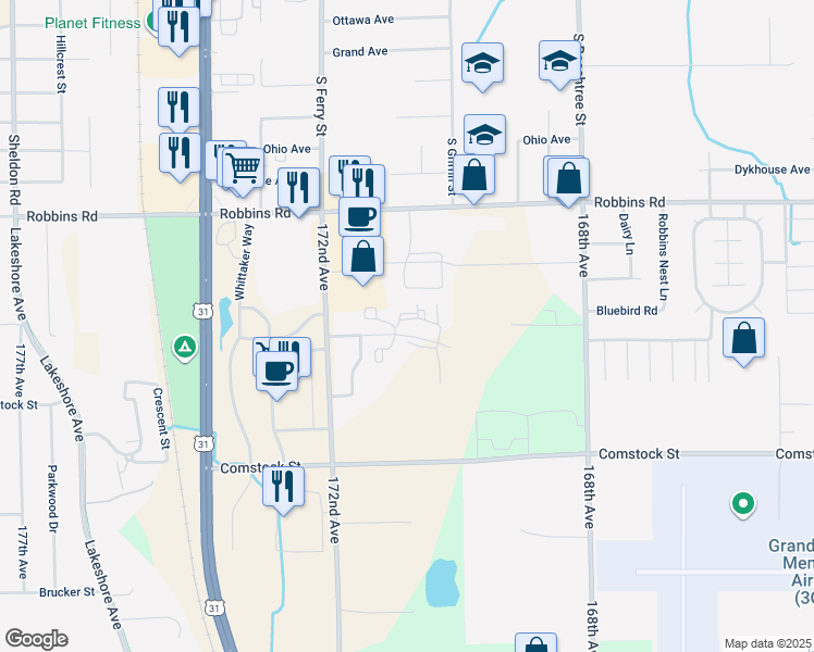 map of restaurants, bars, coffee shops, grocery stores, and more near 15058 Lukas Court in Grand Haven