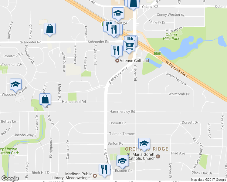 map of restaurants, bars, coffee shops, grocery stores, and more near 5614 Westbury Place in Madison