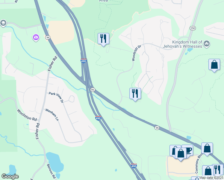 map of restaurants, bars, coffee shops, grocery stores, and more near 375 Woodcliff Drive in Fairport