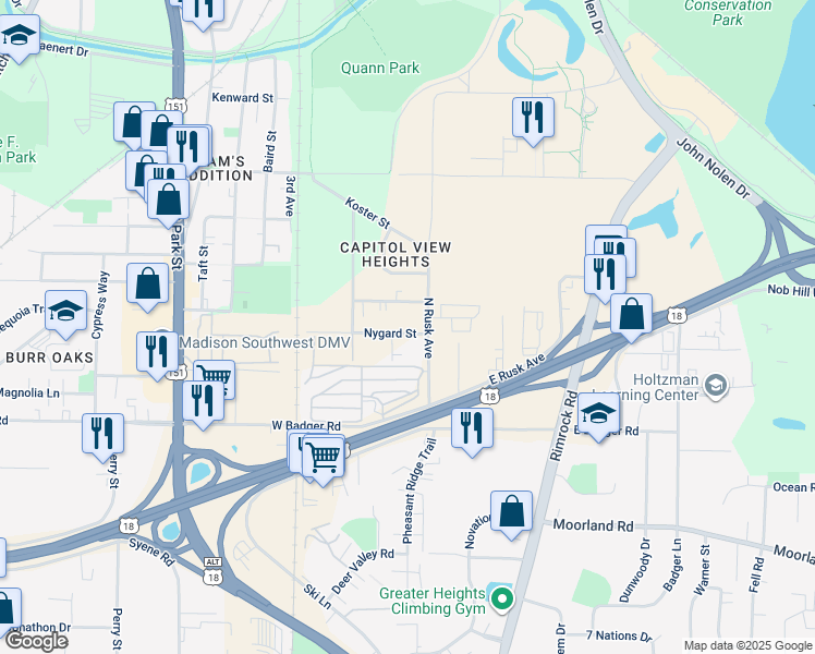 map of restaurants, bars, coffee shops, grocery stores, and more near 110 Nygard Street in Madison