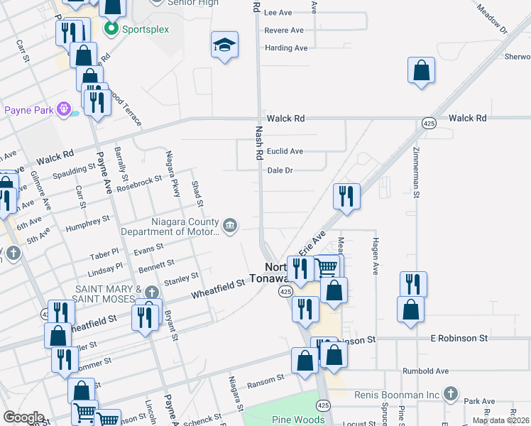 map of restaurants, bars, coffee shops, grocery stores, and more near 666 Nash Road in North Tonawanda