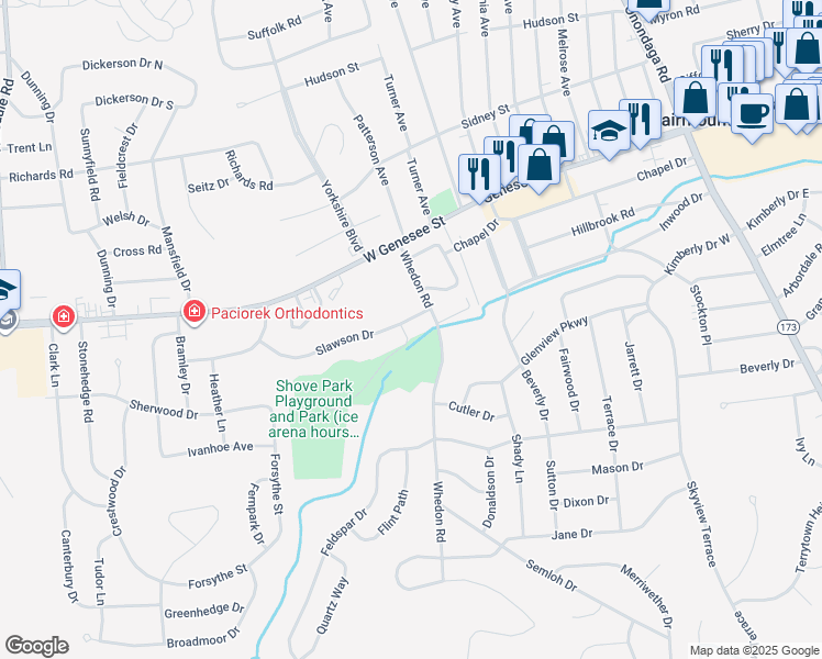 map of restaurants, bars, coffee shops, grocery stores, and more near 230 Slawson Drive in Camillus