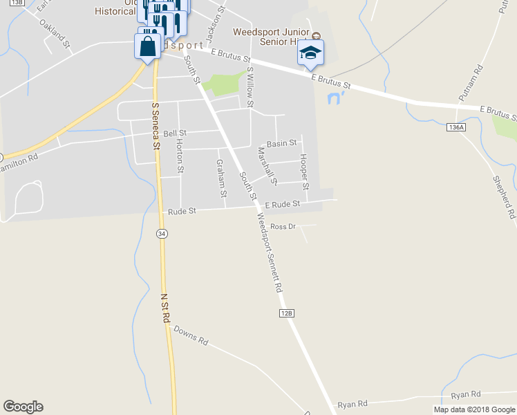 map of restaurants, bars, coffee shops, grocery stores, and more near 8843 Weedsport-Sennett Road in Weedsport