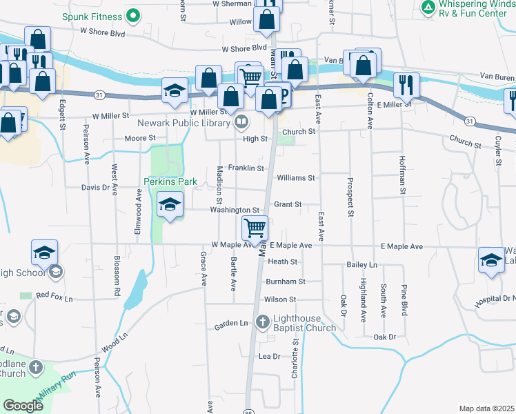 map of restaurants, bars, coffee shops, grocery stores, and more near 103 Washington Street in Newark