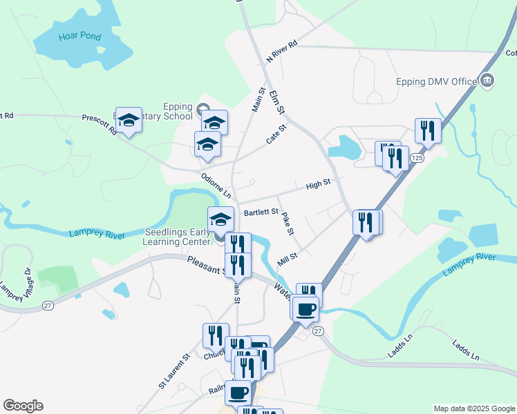 map of restaurants, bars, coffee shops, grocery stores, and more near 19 Bartlett Street in Epping