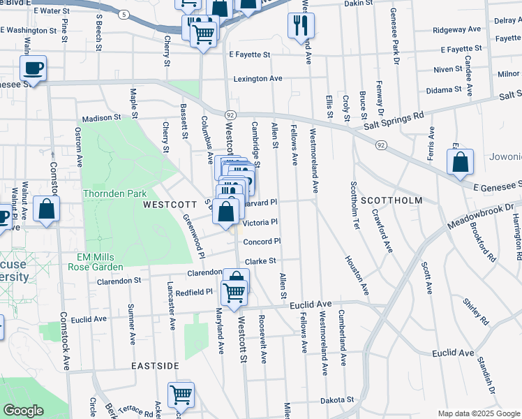 map of restaurants, bars, coffee shops, grocery stores, and more near 121 Victoria Place in Syracuse
