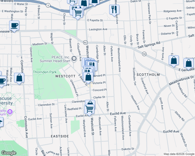 map of restaurants, bars, coffee shops, grocery stores, and more near 121 Victoria Place in Syracuse