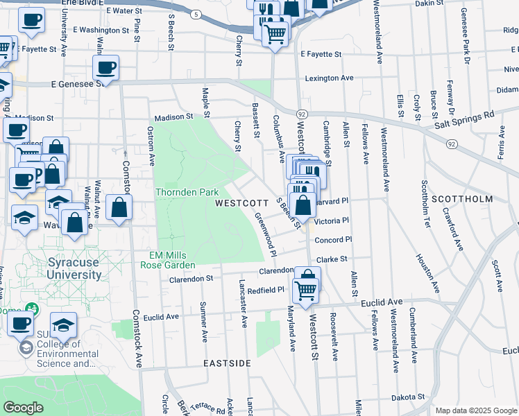 map of restaurants, bars, coffee shops, grocery stores, and more near 253 Greenwood Place in Syracuse