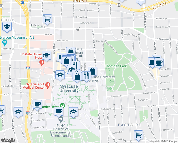 map of restaurants, bars, coffee shops, grocery stores, and more near 311 Waverly Avenue in Syracuse