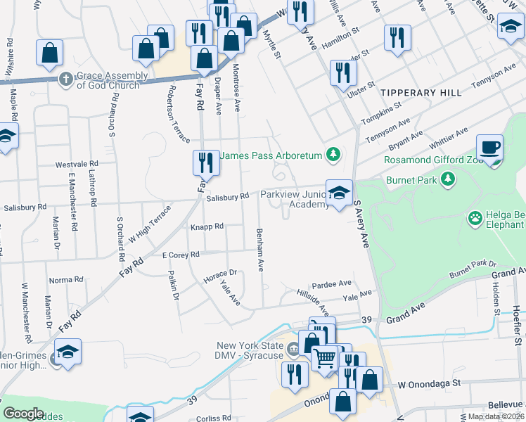 map of restaurants, bars, coffee shops, grocery stores, and more near 114 Benham Avenue in Syracuse