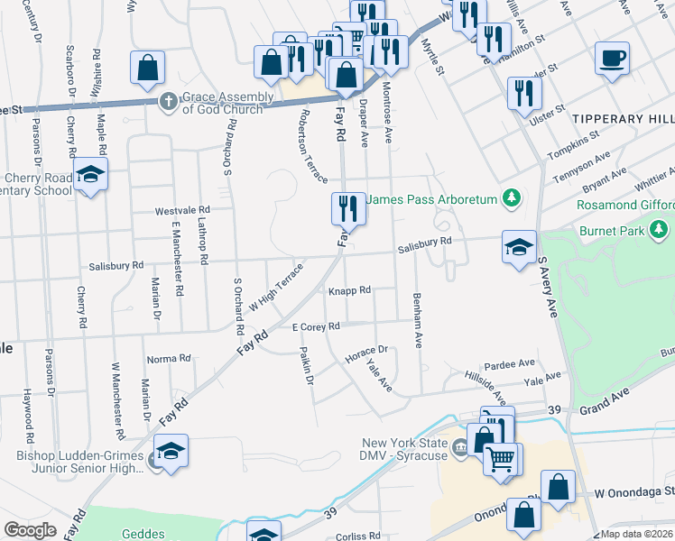 map of restaurants, bars, coffee shops, grocery stores, and more near 107 Ardmore Road in Syracuse