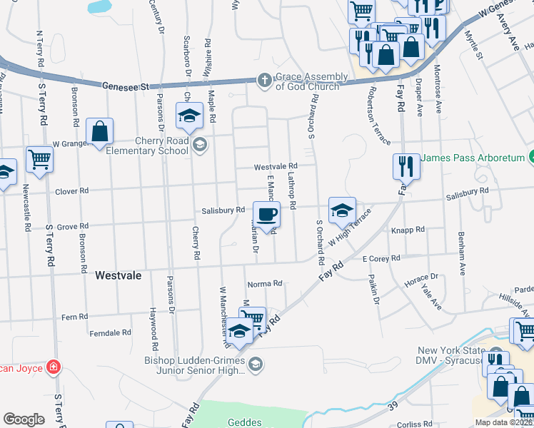 map of restaurants, bars, coffee shops, grocery stores, and more near 103 Marian Drive in Syracuse