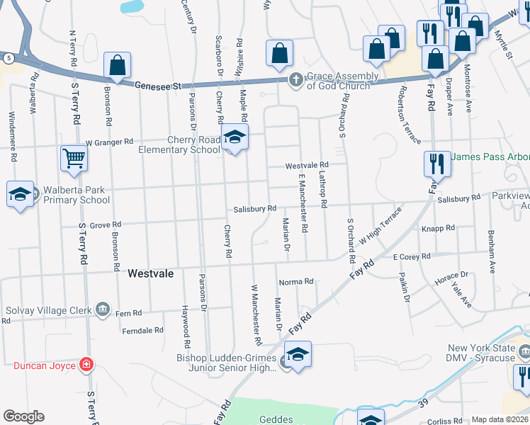 map of restaurants, bars, coffee shops, grocery stores, and more near 409 West Manchester Road in Syracuse