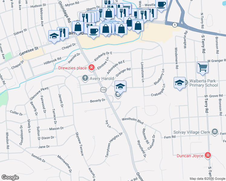 map of restaurants, bars, coffee shops, grocery stores, and more near 102 Blueberry Lane in Syracuse