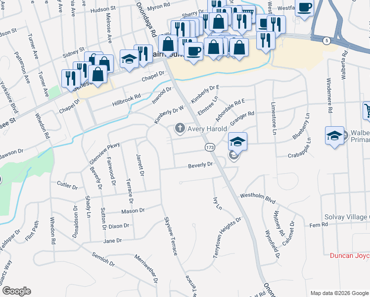 map of restaurants, bars, coffee shops, grocery stores, and more near 118 Roselane Terrace in Syracuse
