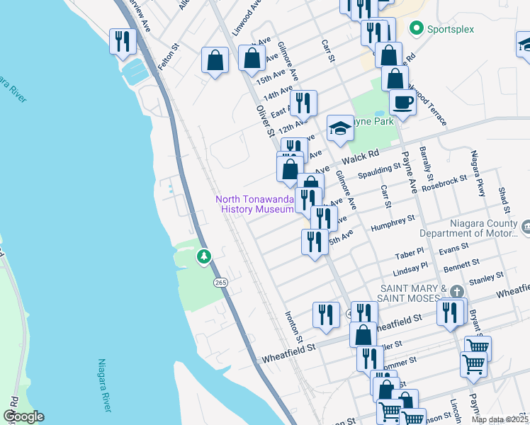map of restaurants, bars, coffee shops, grocery stores, and more near 29 8th Avenue in North Tonawanda