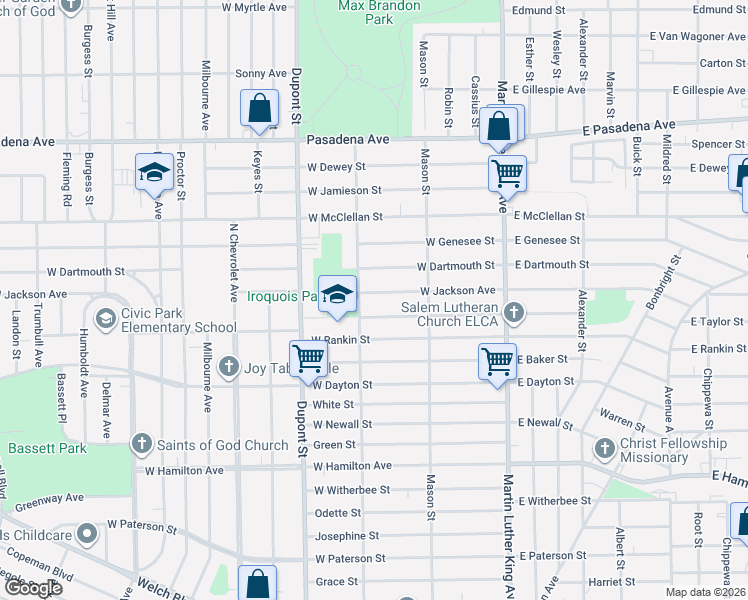map of restaurants, bars, coffee shops, grocery stores, and more near 2708 Iroquois Avenue in Flint