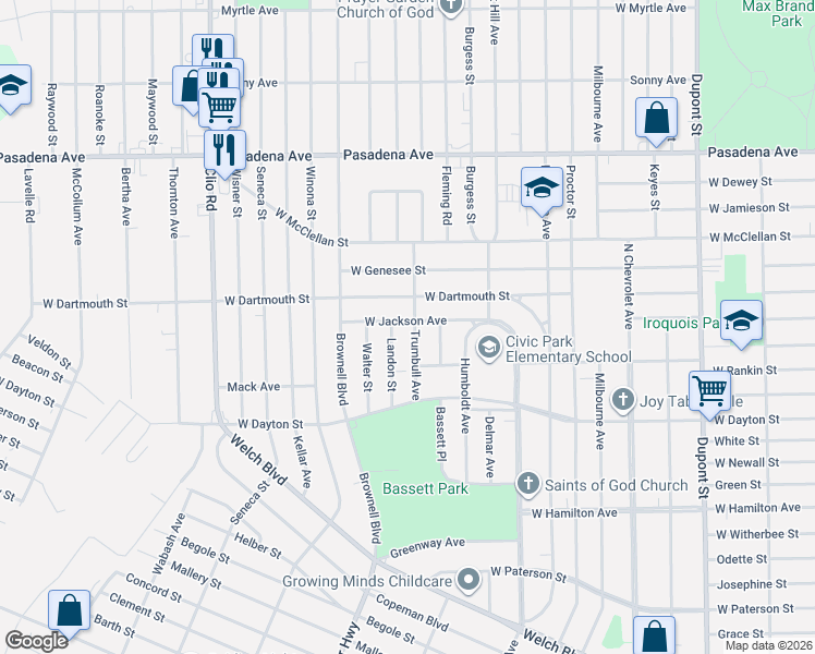 map of restaurants, bars, coffee shops, grocery stores, and more near 2708 Landon Street in Flint