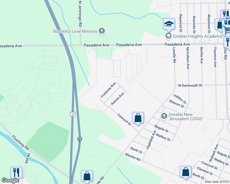 map of restaurants, bars, coffee shops, grocery stores, and more near 3598 Concord Street in Flint