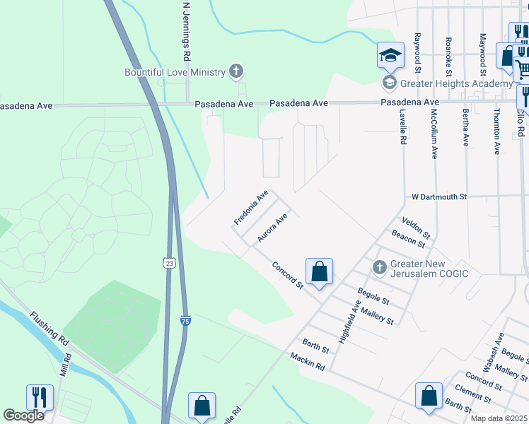 map of restaurants, bars, coffee shops, grocery stores, and more near 3598 Concord Street in Flint