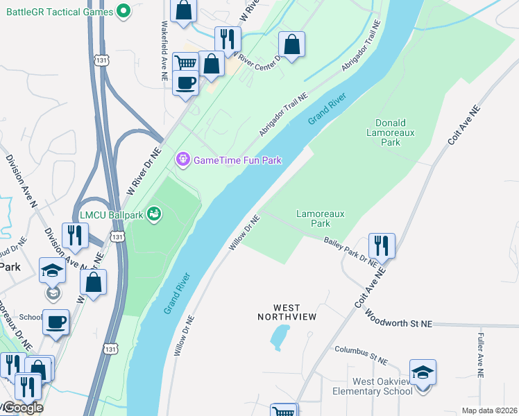 map of restaurants, bars, coffee shops, grocery stores, and more near 4264 Willow Drive Northeast in Grand Rapids