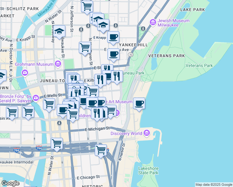map of restaurants, bars, coffee shops, grocery stores, and more near 777 North Prospect Avenue in Milwaukee