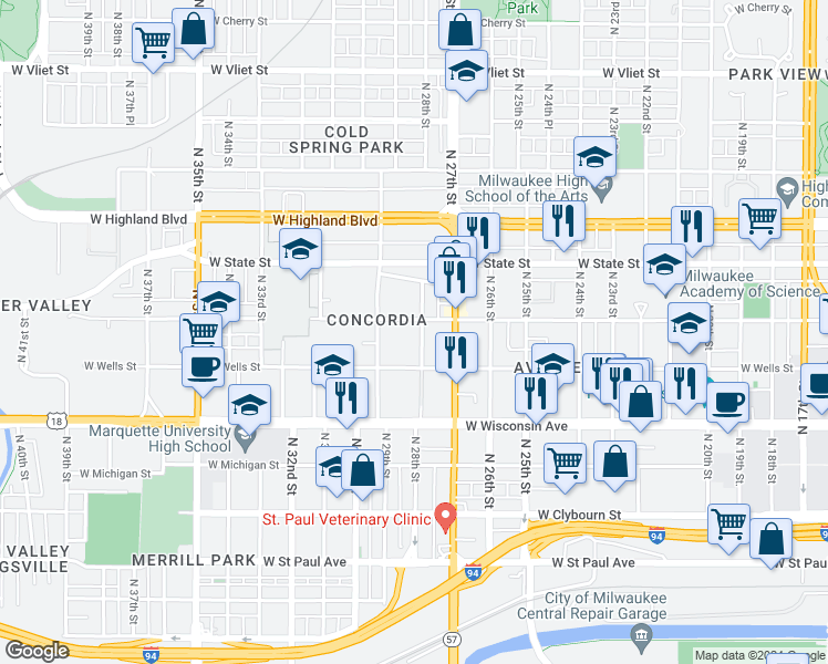 map of restaurants, bars, coffee shops, grocery stores, and more near 831 North 28th Street in Milwaukee