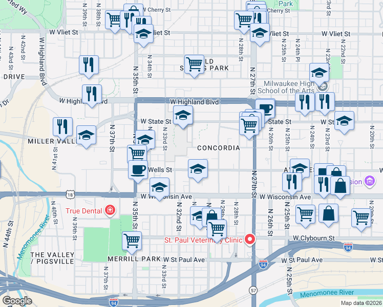 map of restaurants, bars, coffee shops, grocery stores, and more near in Milwaukee
