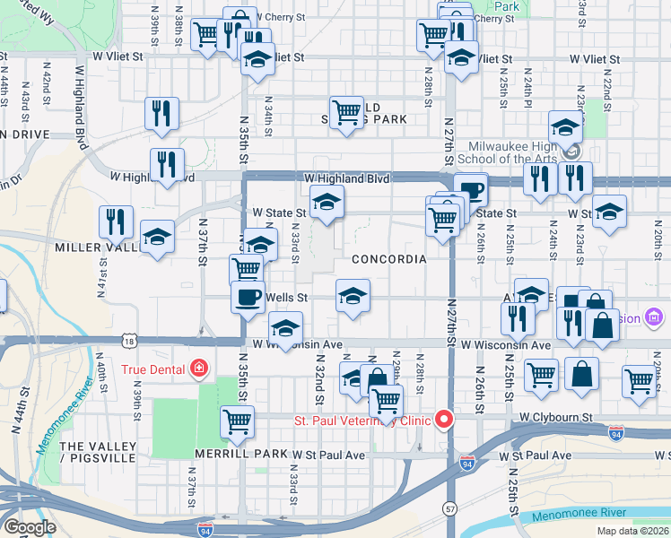 map of restaurants, bars, coffee shops, grocery stores, and more near 828 North 32nd Street in Milwaukee