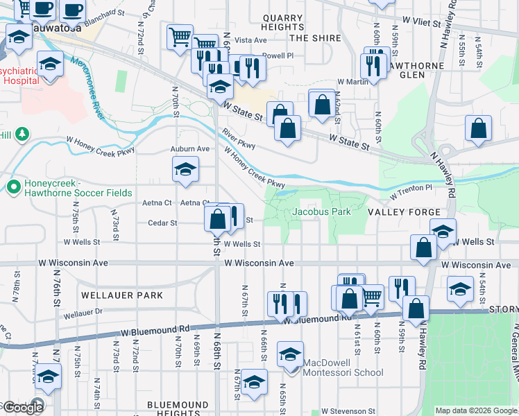 map of restaurants, bars, coffee shops, grocery stores, and more near 6604 Cedar Street in Wauwatosa