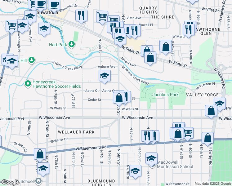 map of restaurants, bars, coffee shops, grocery stores, and more near 905 North 68th Street in Wauwatosa