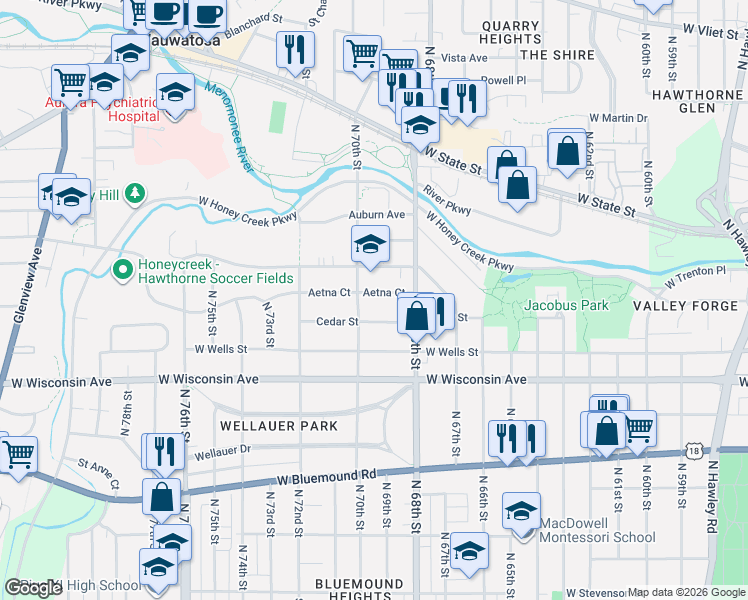 map of restaurants, bars, coffee shops, grocery stores, and more near 6916 Cedar Street in Wauwatosa