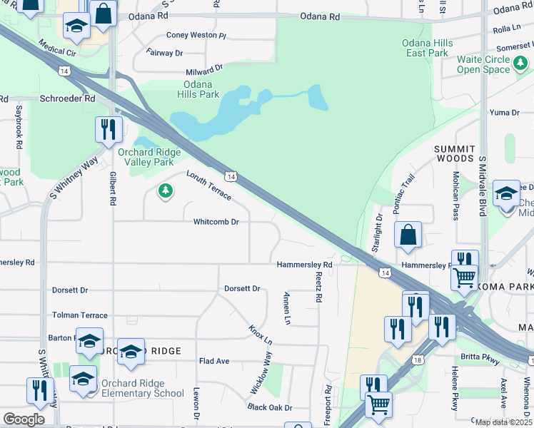 map of restaurants, bars, coffee shops, grocery stores, and more near 5006 Whitcomb Drive in Madison