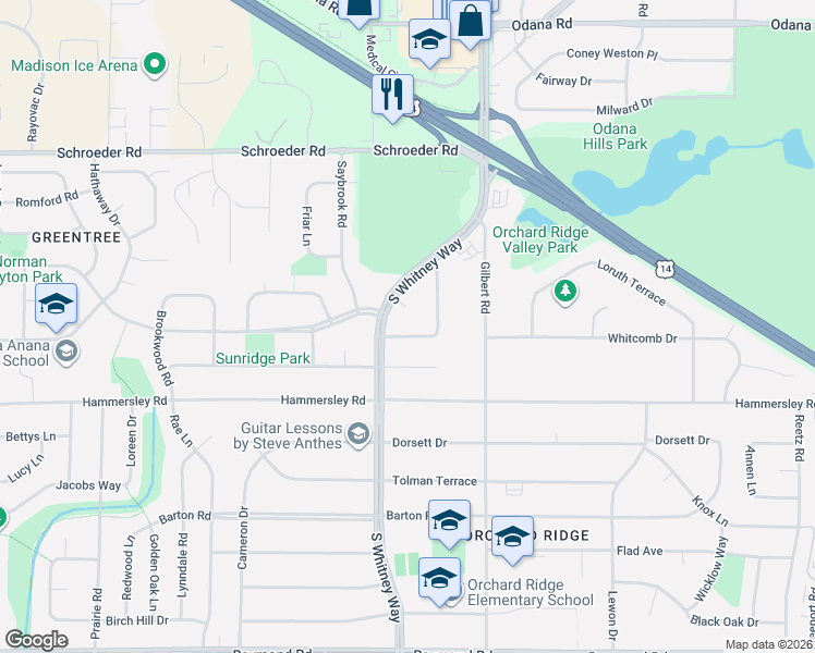 map of restaurants, bars, coffee shops, grocery stores, and more near 5614 Westbury Place in Madison