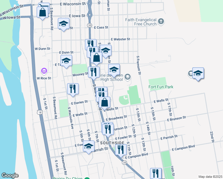 map of restaurants, bars, coffee shops, grocery stores, and more near 809 South Dousman Street in Prairie du Chien
