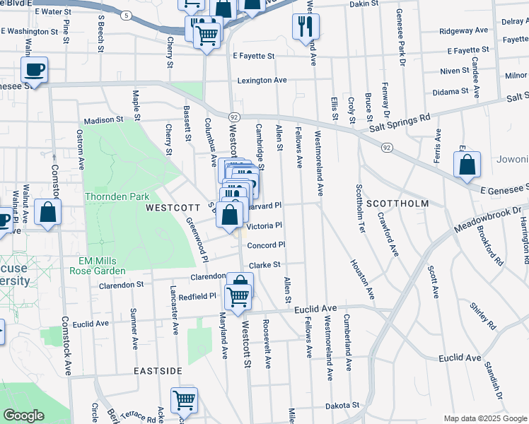 map of restaurants, bars, coffee shops, grocery stores, and more near 121 Victoria Place in Syracuse