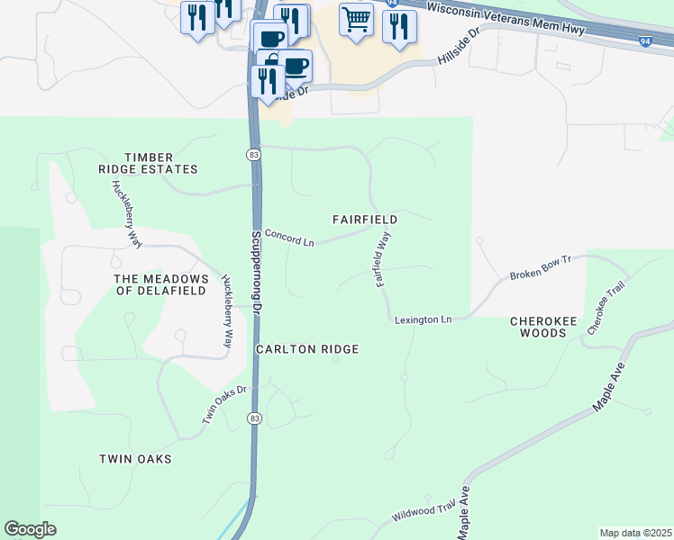 map of restaurants, bars, coffee shops, grocery stores, and more near N8W31296 Salem Court in Delafield