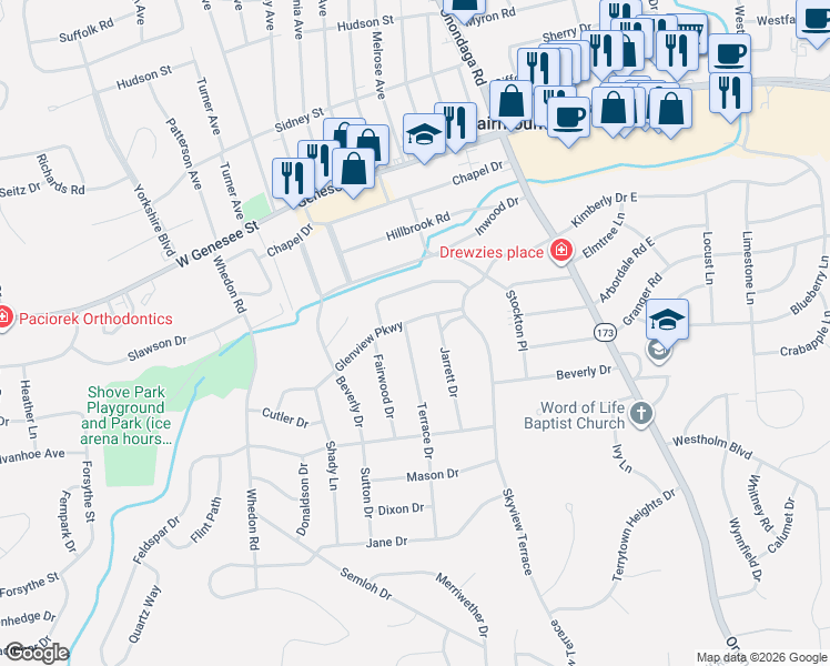 map of restaurants, bars, coffee shops, grocery stores, and more near 105 Terrace Drive in Syracuse