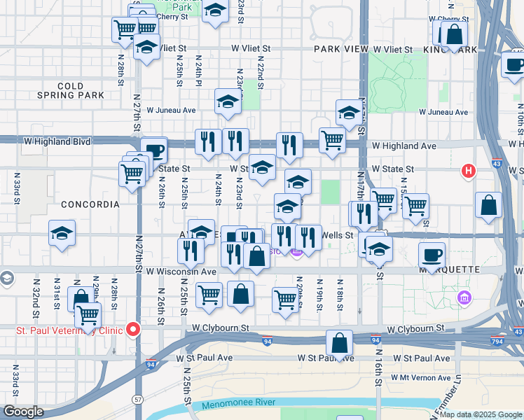 map of restaurants, bars, coffee shops, grocery stores, and more near 826-834 North 22nd Street in Milwaukee
