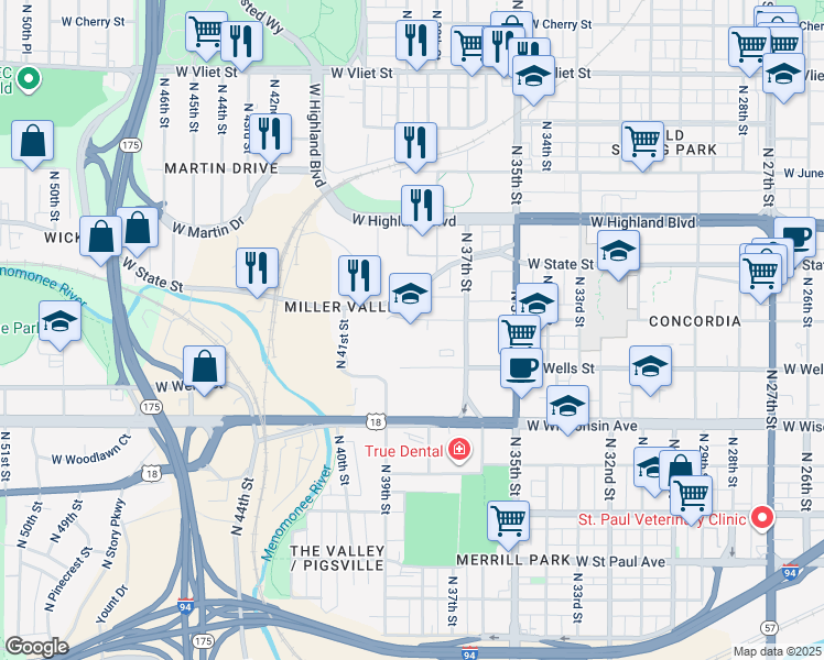 map of restaurants, bars, coffee shops, grocery stores, and more near 3815 West Kilbourn Avenue in Milwaukee