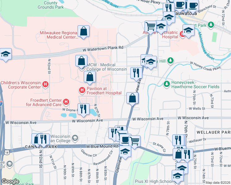 map of restaurants, bars, coffee shops, grocery stores, and more near 8339 Avon Court in Wauwatosa