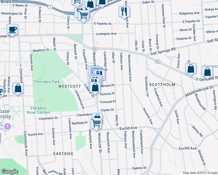 map of restaurants, bars, coffee shops, grocery stores, and more near 121 Victoria Place in Syracuse